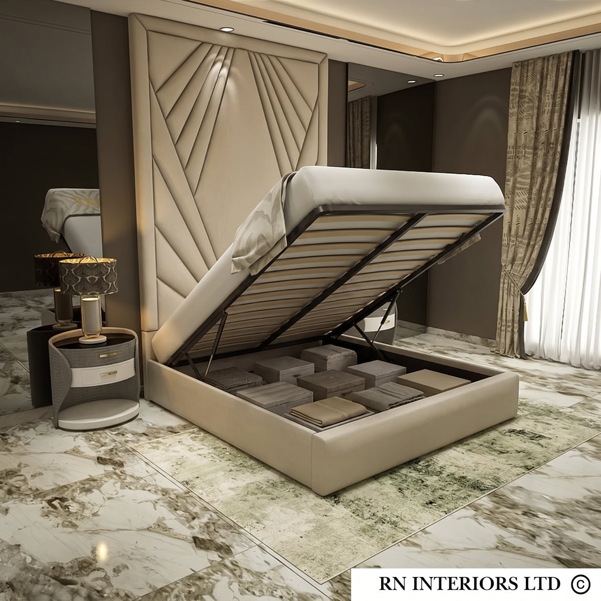 High Headboard Upholstered Bed – Geometric Linear Design