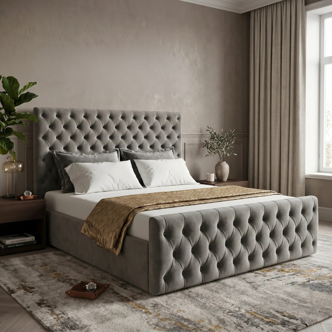 Double Bed Frame - Grey Plush Velvet Bed Frame