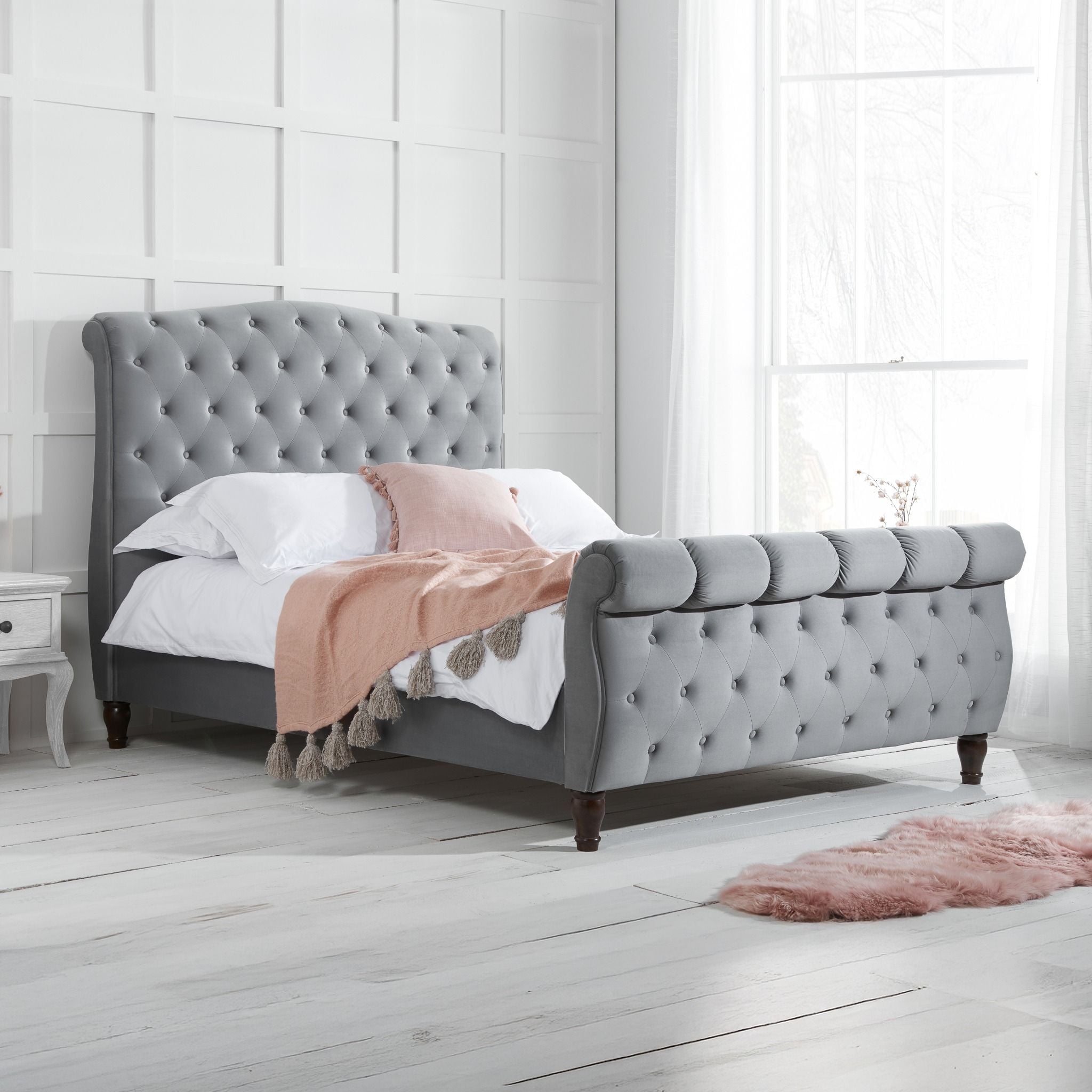 Luxury Plush Velvet Sleigh Bed Frame With Matching Headboard | Footboard