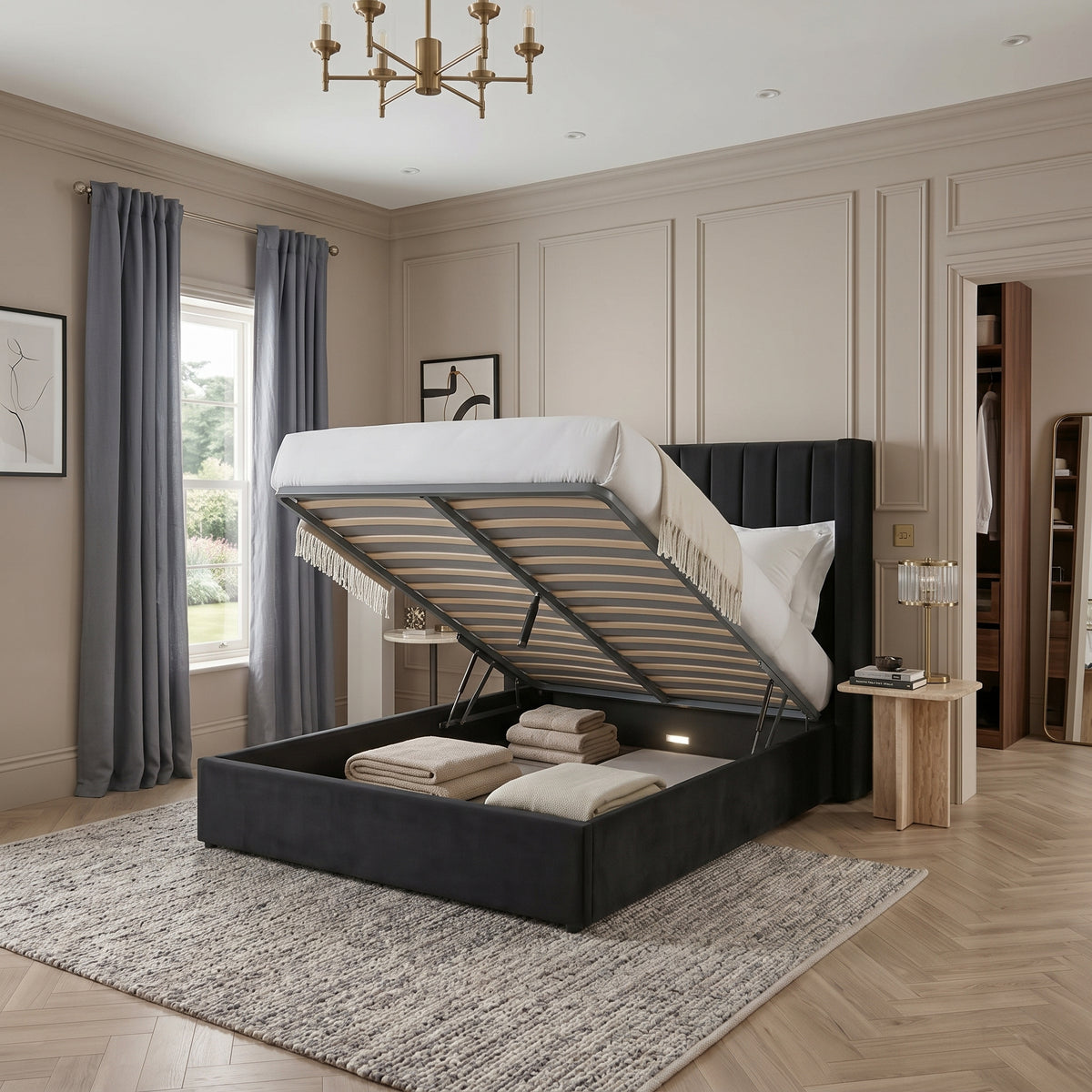 Ashel Wingback Bed Frame With Optional Storage & Mattress