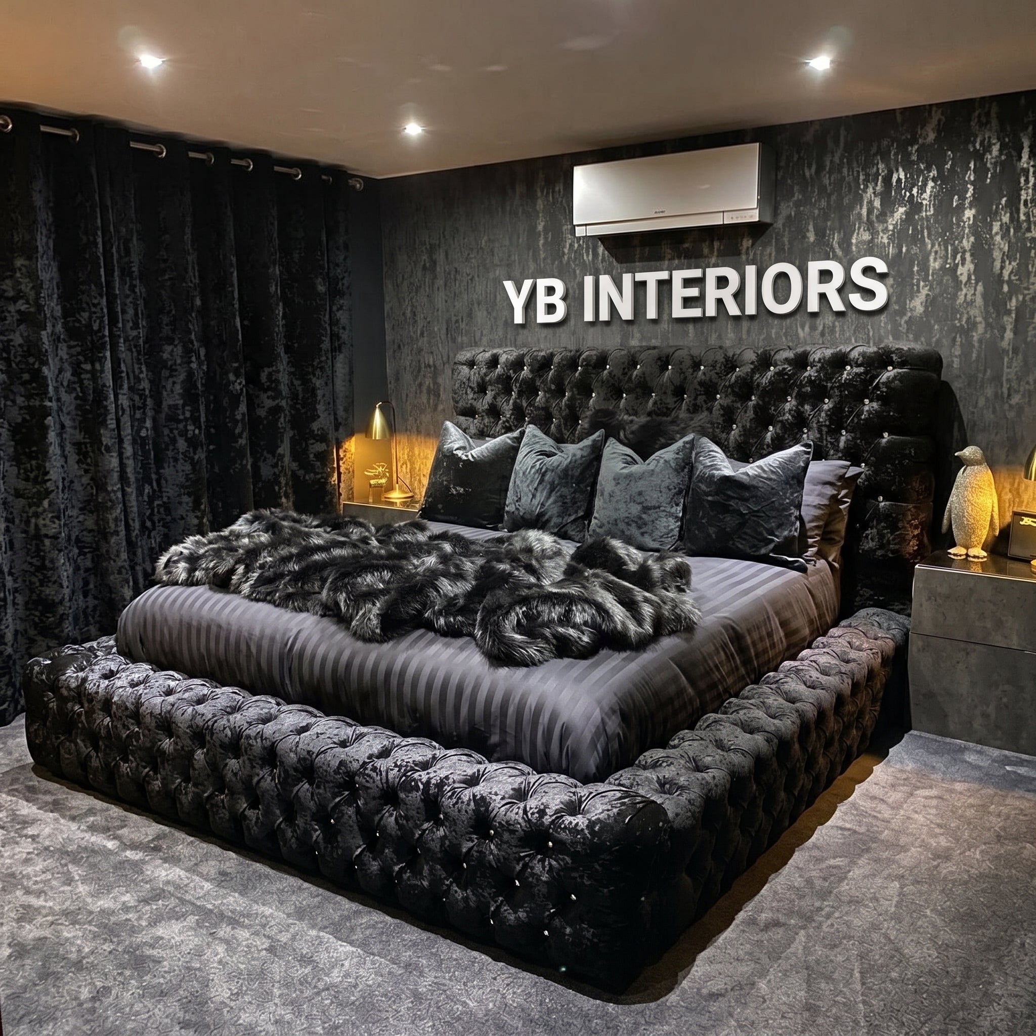 Black Crushed Velvet Upholstered Regal Ambassador Bed Frame
