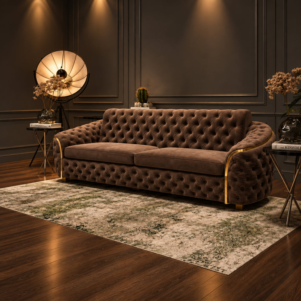 A tufted brown velvet sofa with gold-toned metal arm accents, styled in a modern living room setting on a patterned rug with dark wood flooring.