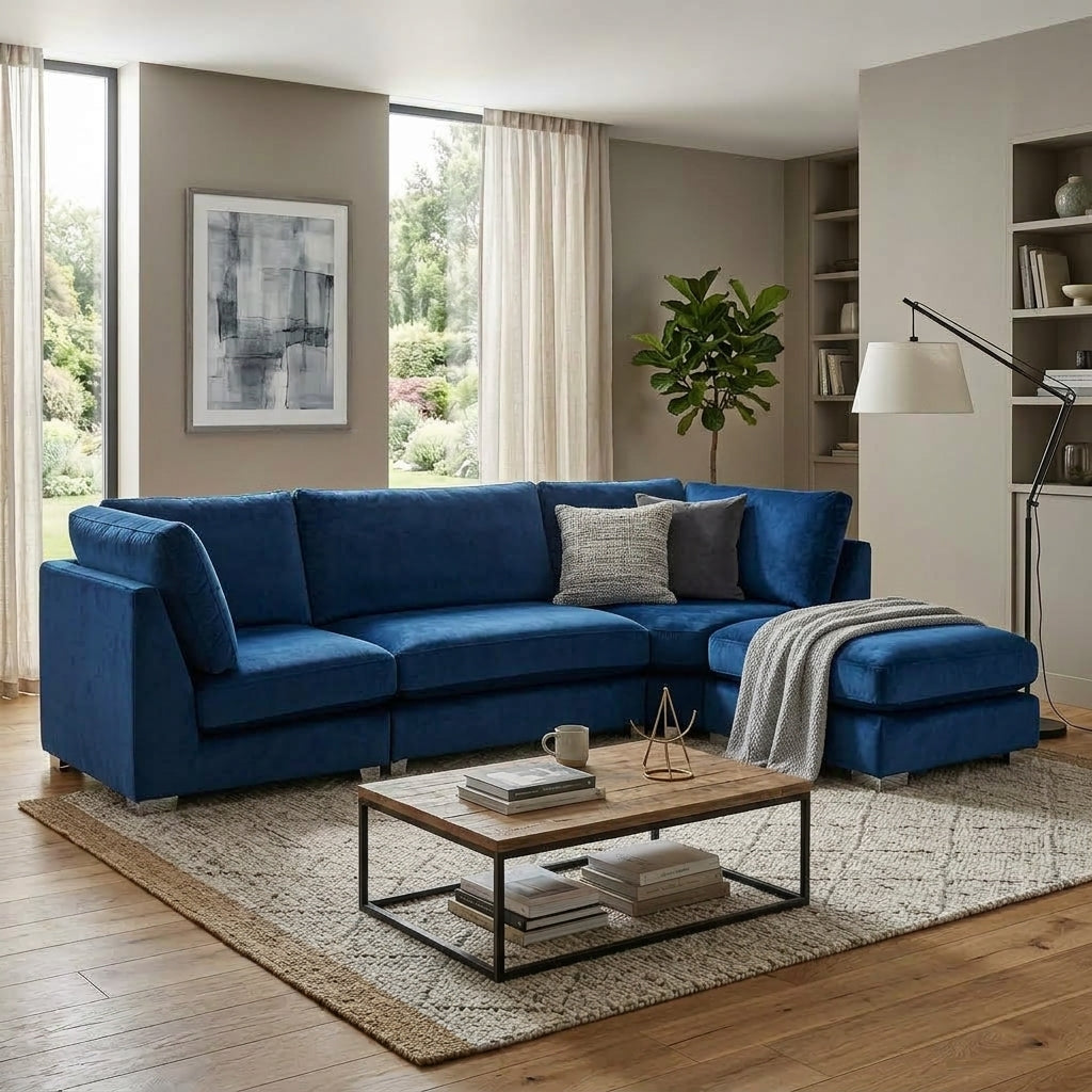 A blue fabric sectional sofa with a chaise lounge in a modern living room setting, styled with gray and white throw pillows, a gray blanket, a wooden coffee table, and a patterned rug.