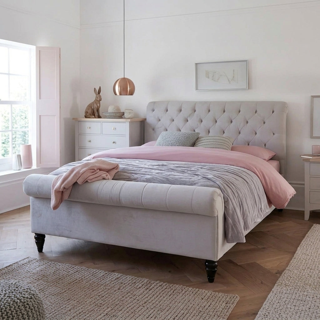Luxury Chesterfield Sleigh Bed Frame Upholstered Velvet Bed Frame
