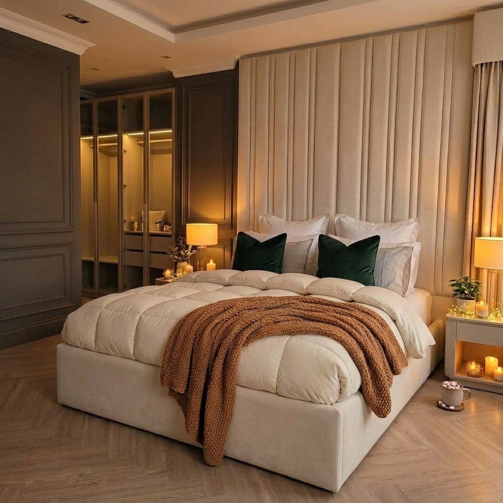 A modern bedroom featuring a large upholstered bed with cream bedding, dark green accent pillows, and a brown knit throw blanket. The background is dominated by a tall pleated beige headboard wall, flanked by dark wood paneling and built-in closet doors.
