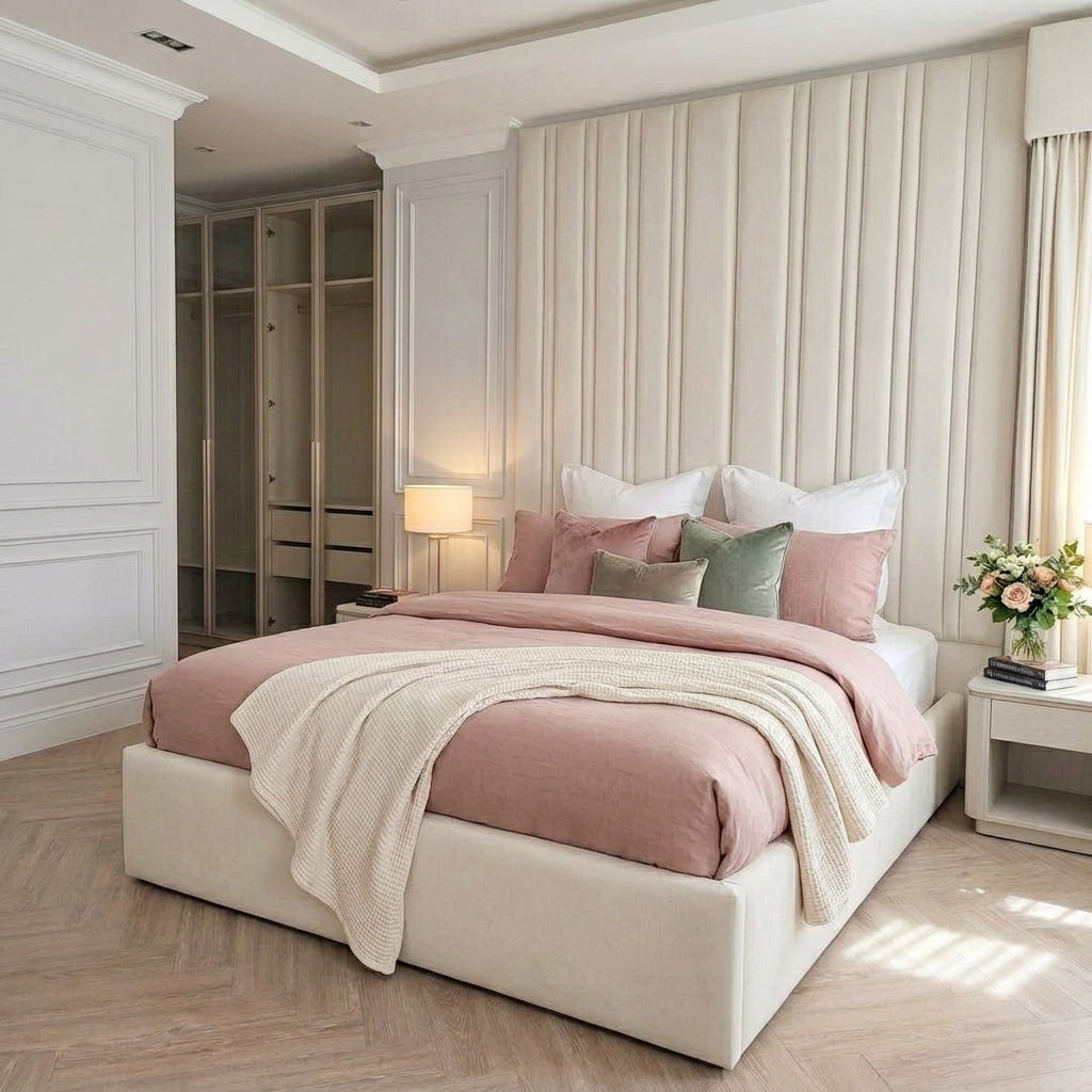 A modern upholstered bed in a bright, neutral-toned bedroom. The bed features a low platform frame and a tall, vertically channel-tufted headboard in warm cream/beige.