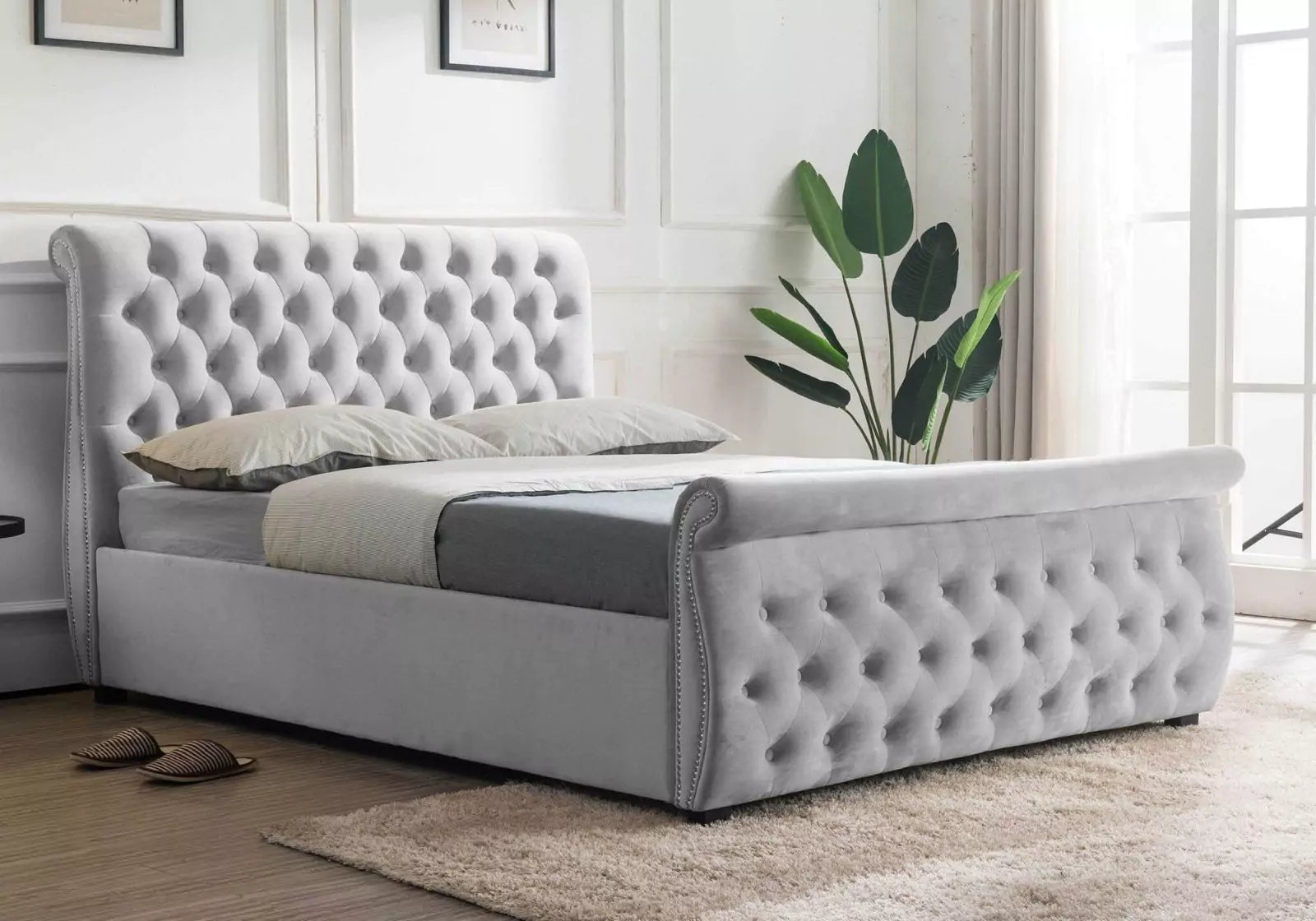 Luxury Silver Crushed Velvet Sleigh Double Bed Frame