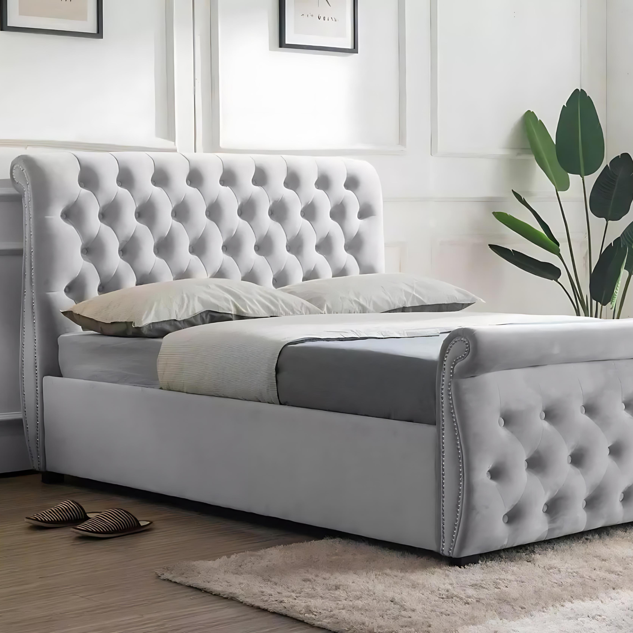 Luxury Silver Crushed Velvet Sleigh Double Bed Frame 2