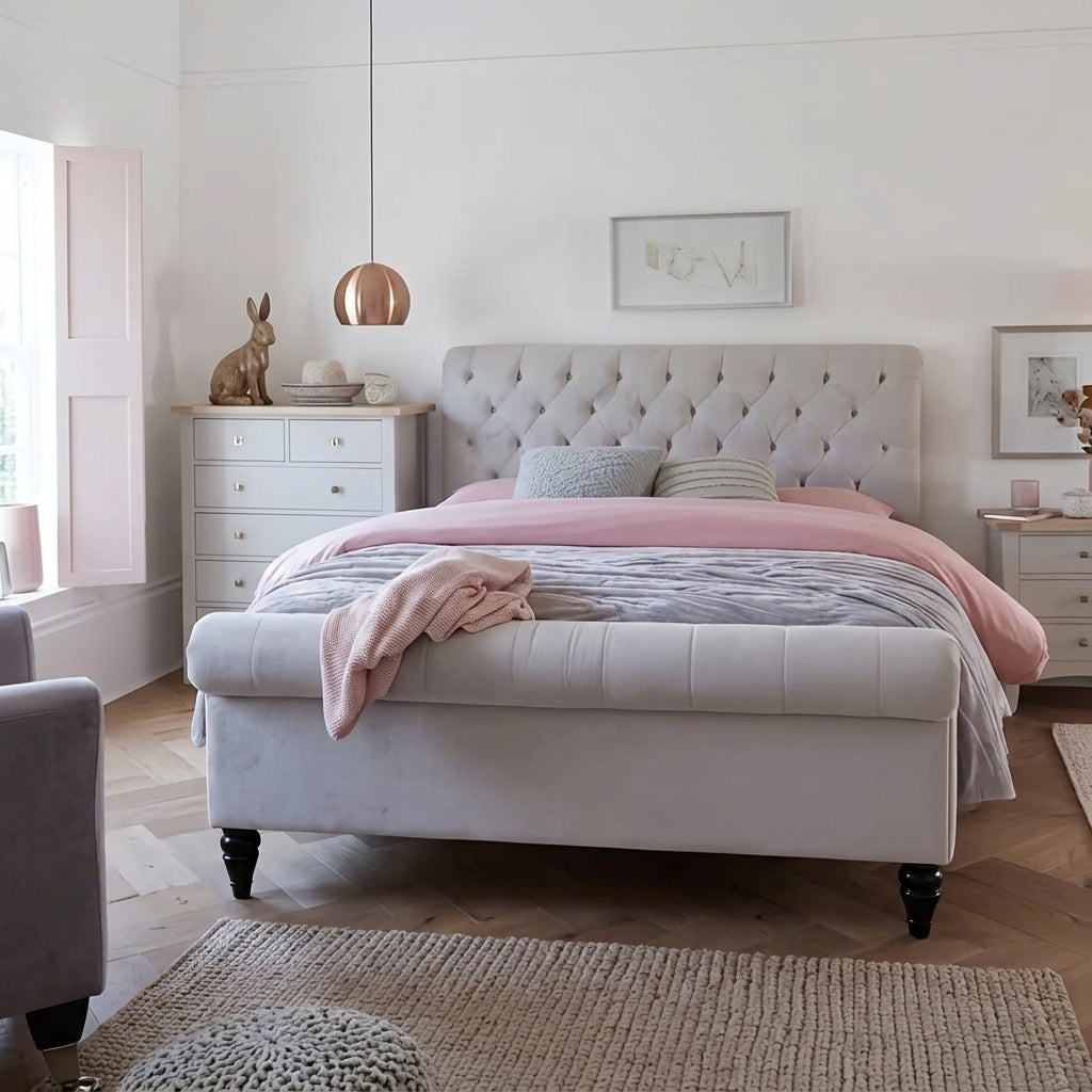Luxury Chesterfield Sleigh Bed Frame Upholstered Velvet Bed Frame