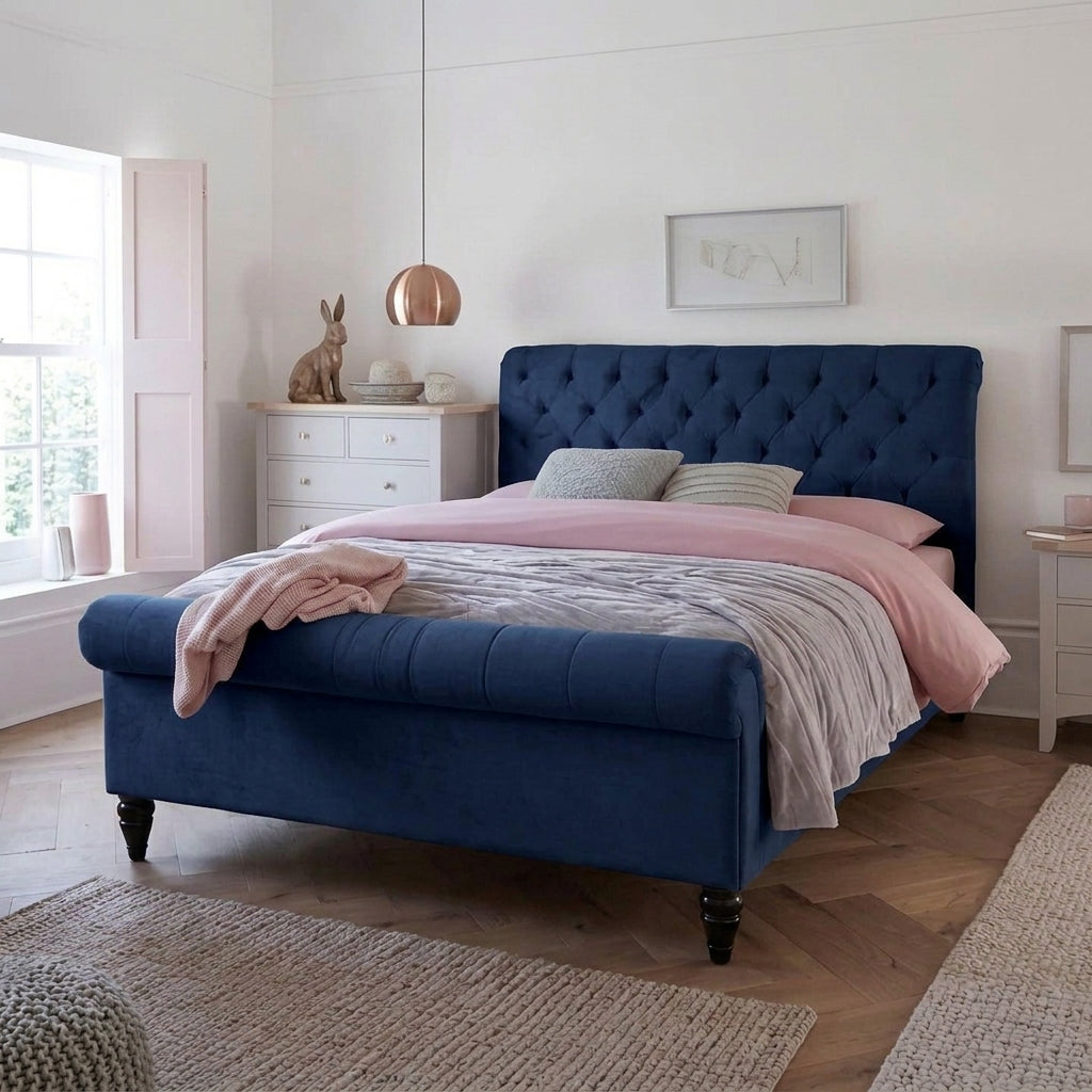 Luxury Chesterfield Sleigh Bed Frame Upholstered Velvet Bed Frame
