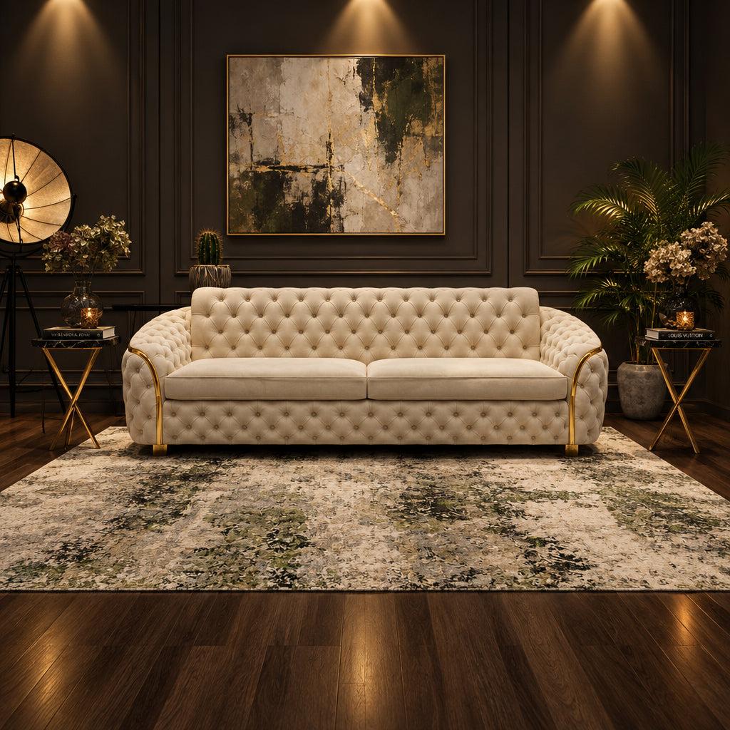 A cream tufted sofa with gold arm accents, placed on a patterned area rug in a dark, elegant room with wood paneling and floor.