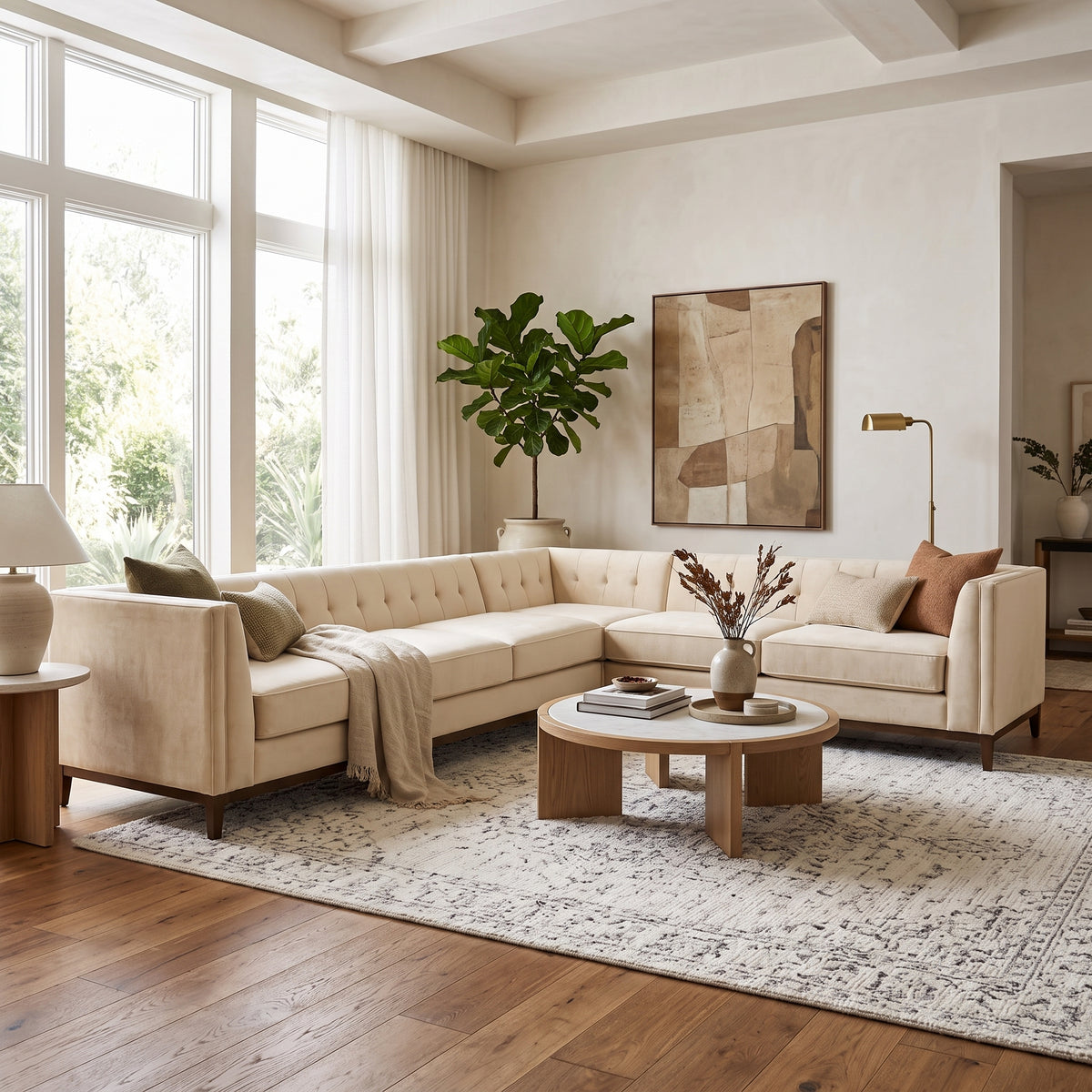 Modern Cream Velvet L-Shape Sectional Sofa