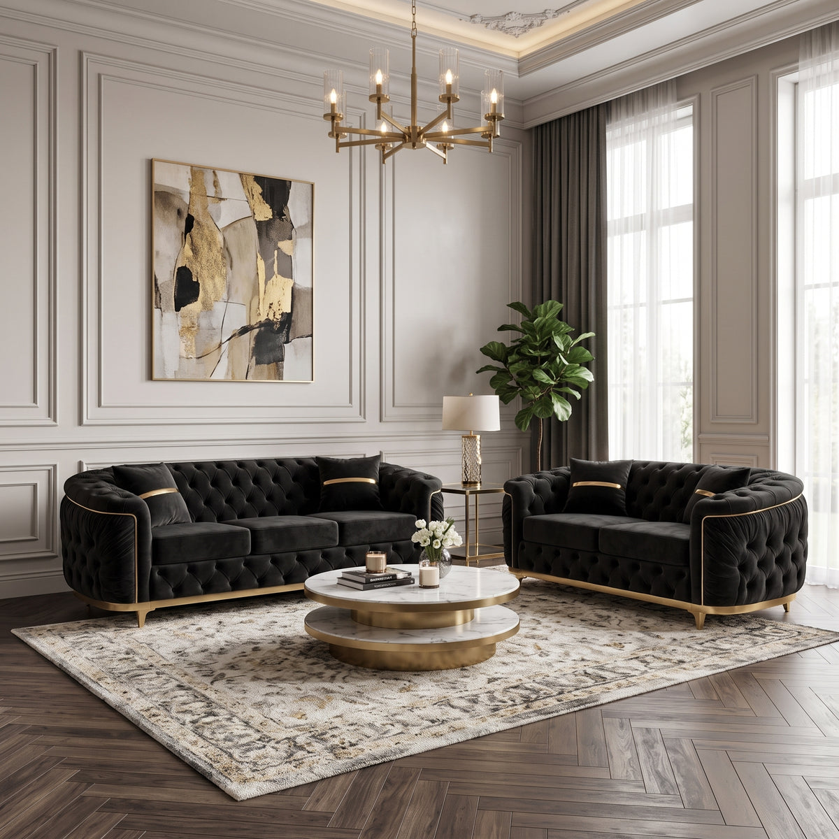 Modern Black Velvet Chesterfield Sofa Set