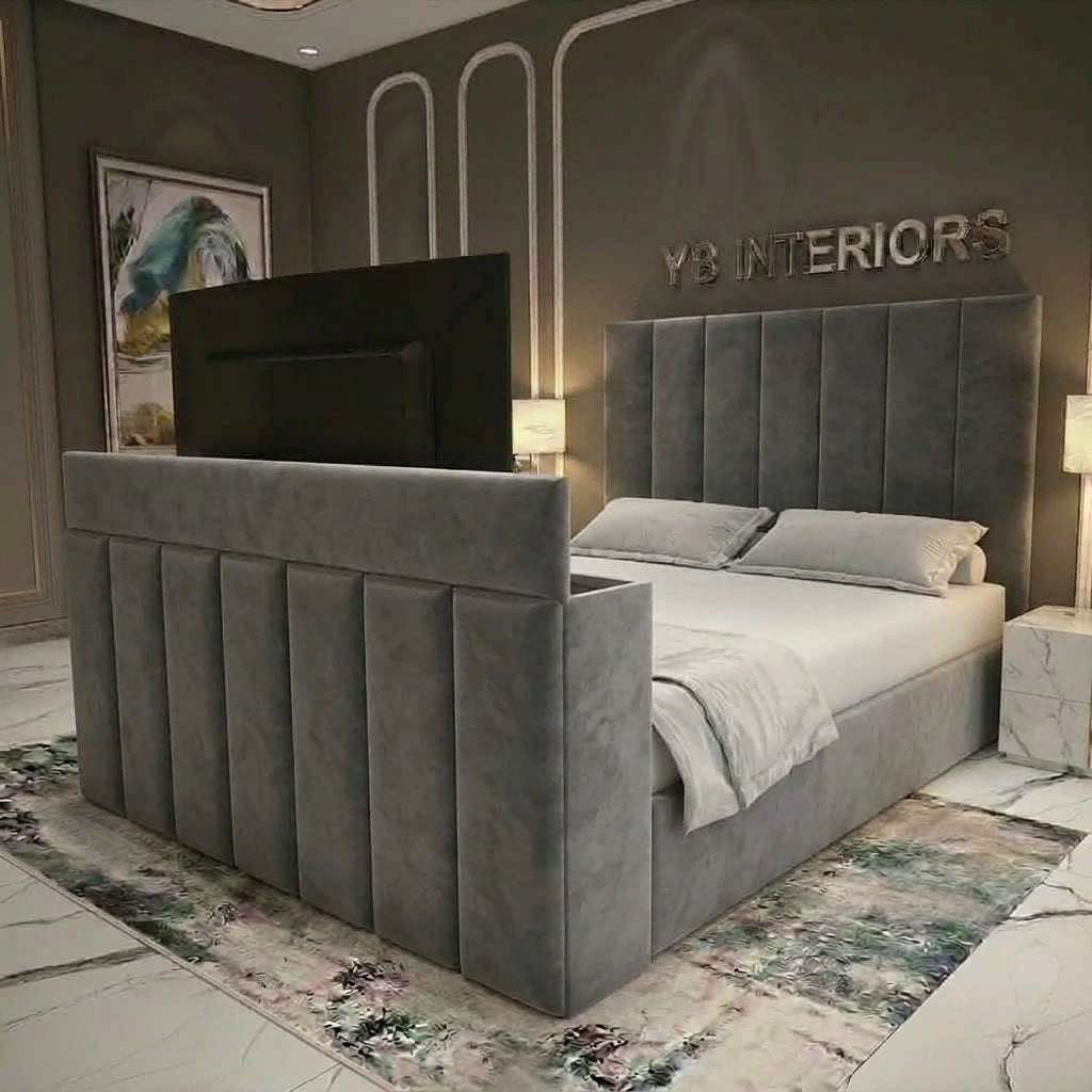 Grey Plush Velvet TV BED