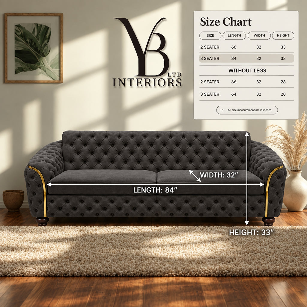 A tufted dark gray loveseat sofa in a styled room scene with overlaid dimension arrows and text showing length 84 inches, width 32 inches, and height 33 inches, plus a size chart panel and the YB Interiors logo.