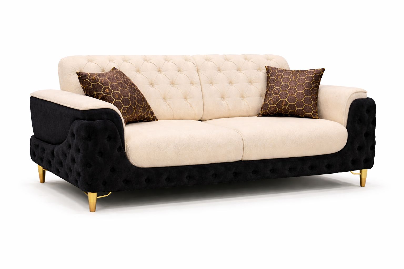 Elegant Two-Tone Tufted Sofa with Gold Legs