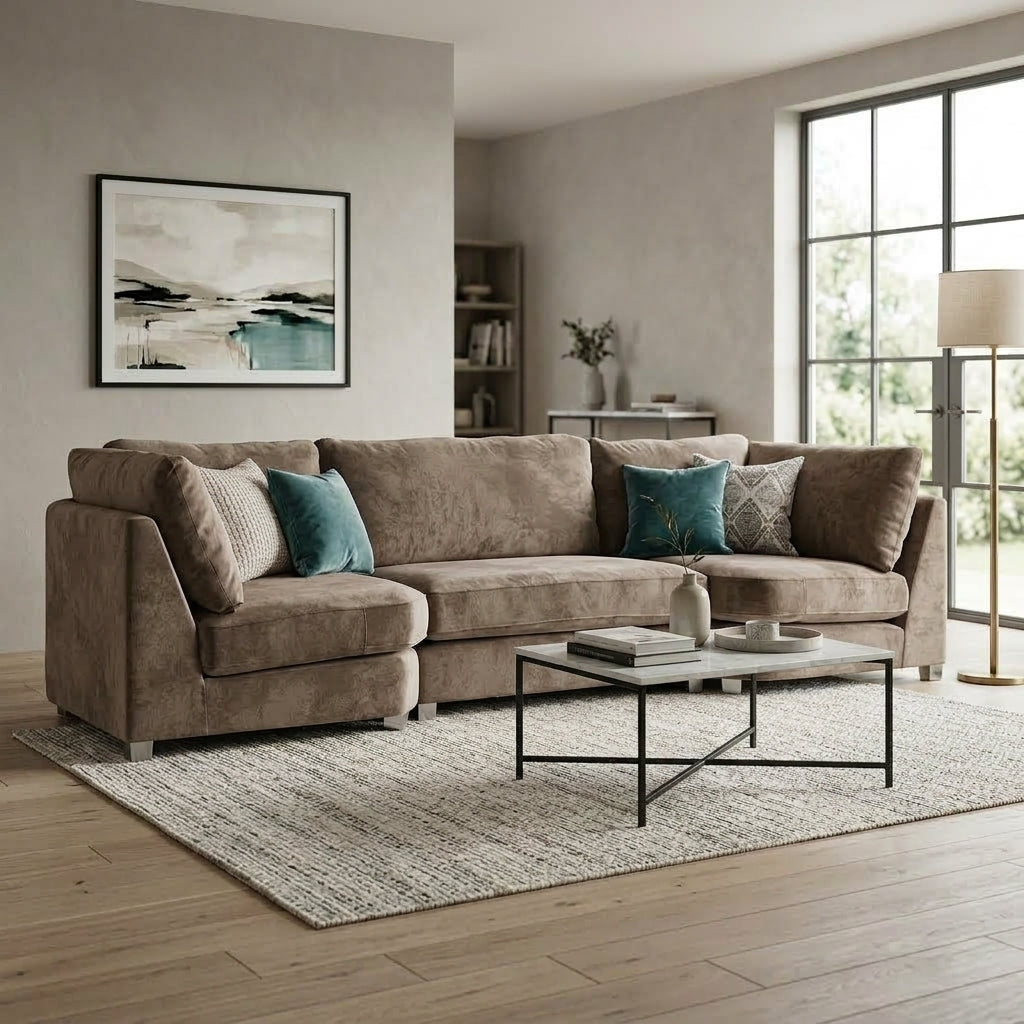A modern sectional sofa in a warm taupe-brown fabric, styled with teal and patterned accent pillows in a contemporary living room setting with a coffee table and rug.