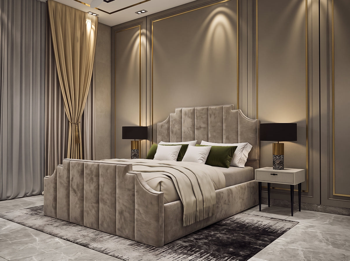 A luxury upholstered bed in taupe velvet with a tall segmented headboard and matching footboard, styled in a modern bedroom with gold-trimmed walls, beige curtains, black bedside tables, and lit table lamps.