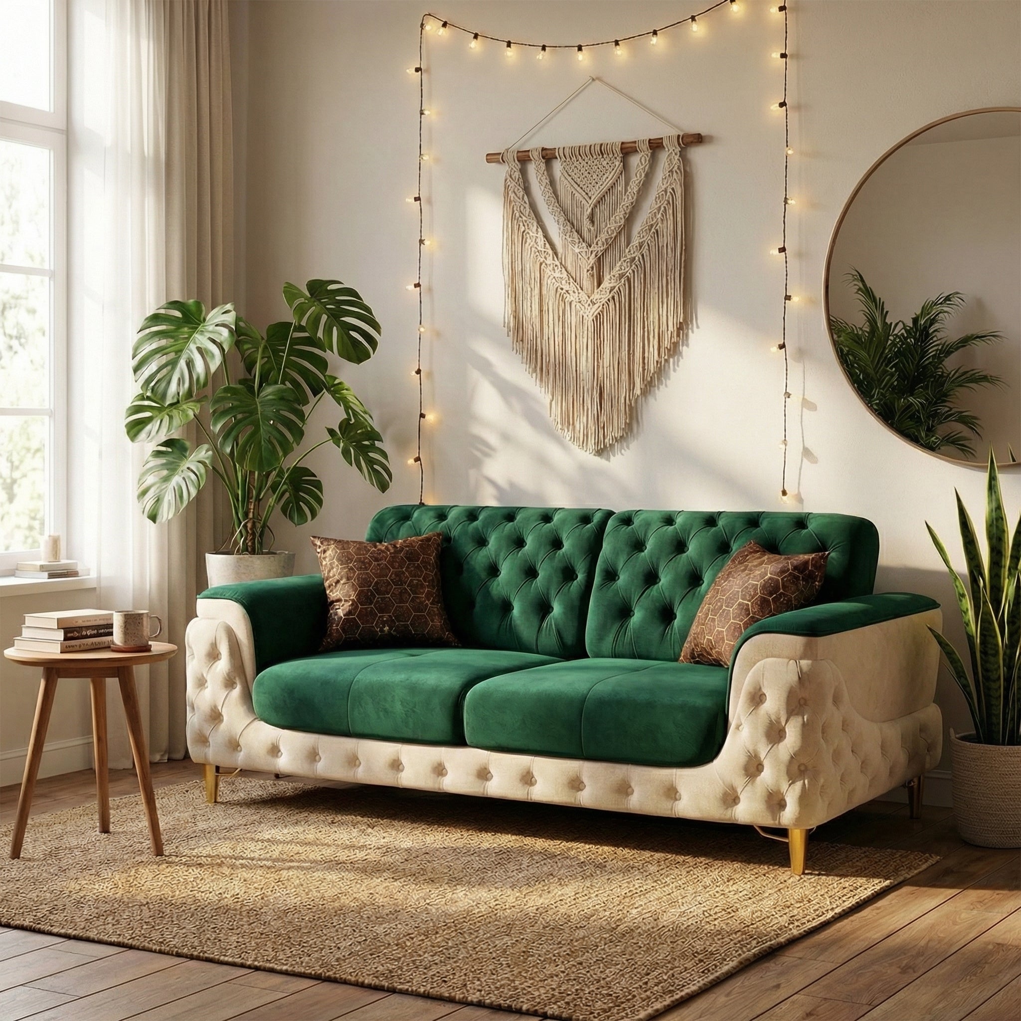 Elegant Two-Tone Tufted Sofa with Gold Legs