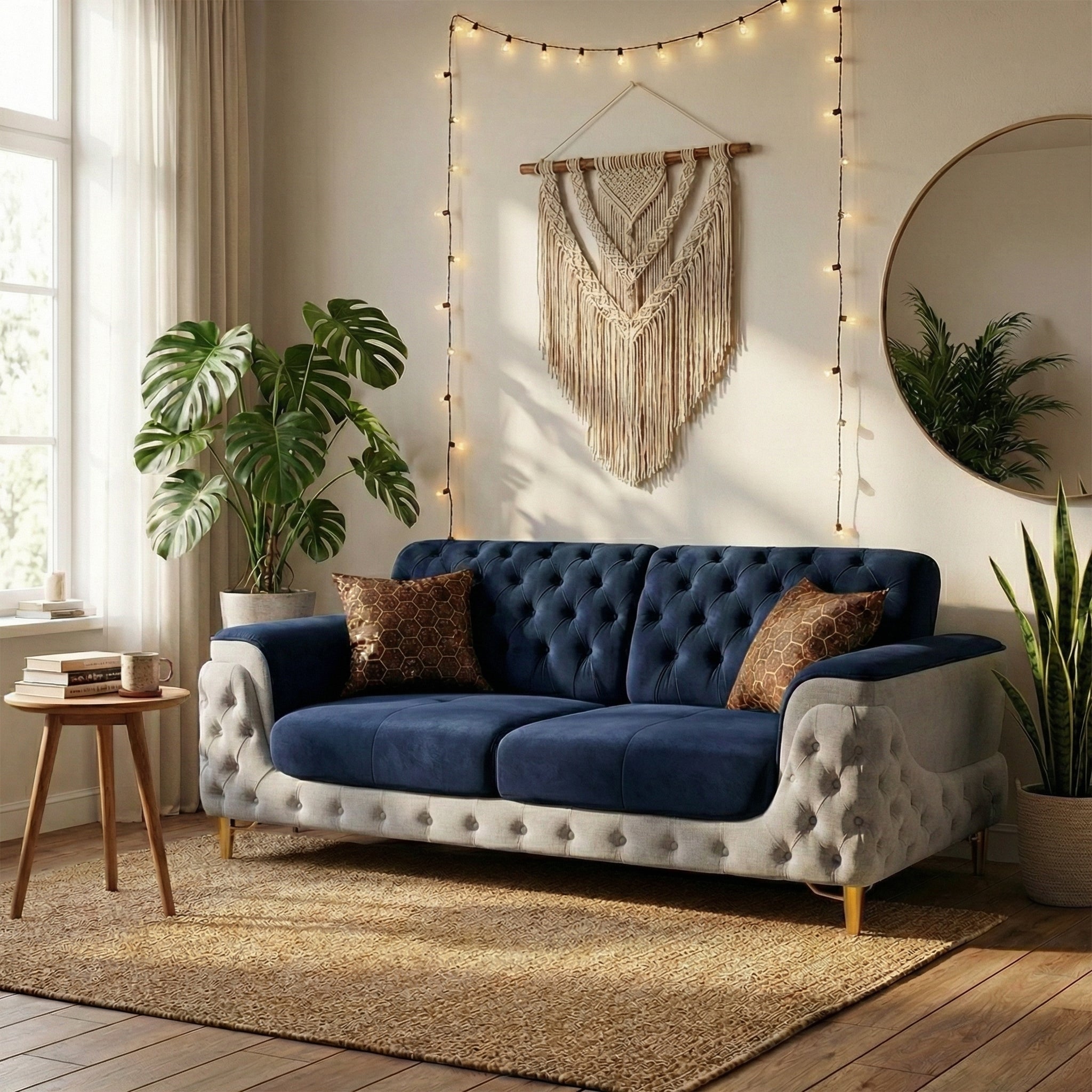 Elegant Two-Tone Tufted Sofa with Gold Legs