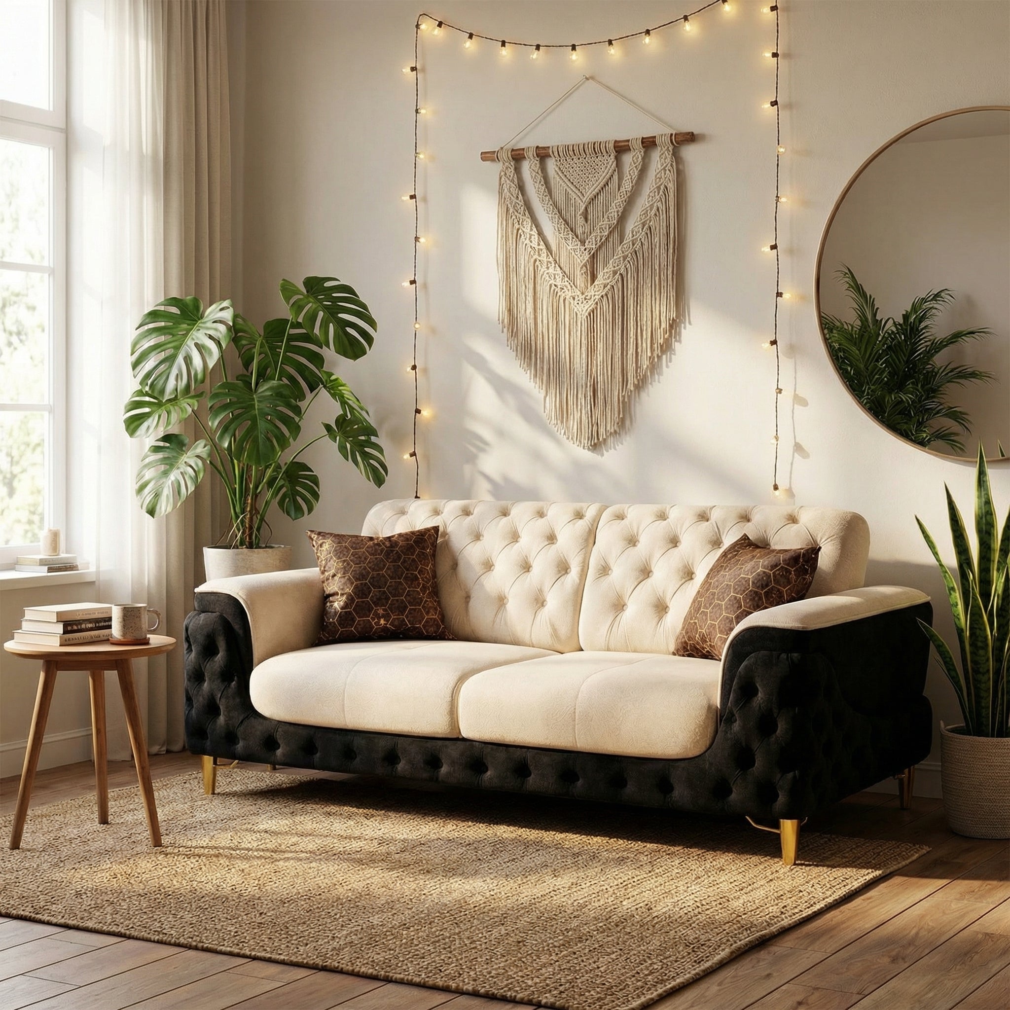 Elegant Two-Tone Tufted Sofa with Gold Legs